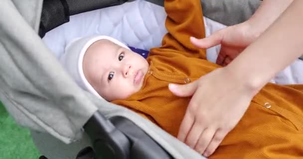 Nahaufnahme einer Mutter, die ihr süßes Baby liebevoll aus dem Kinderwagen holt — Stockvideo