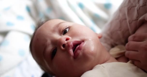 Concepto familiar. Lúdico bebé recién nacido lindo se encuentra en su espalda y sonríe. De cerca. — Vídeos de Stock