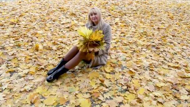 Mulher com um buquê de folhas de outono senta-se no parque e se alegra com a vinda do outono — Vídeo de Stock
