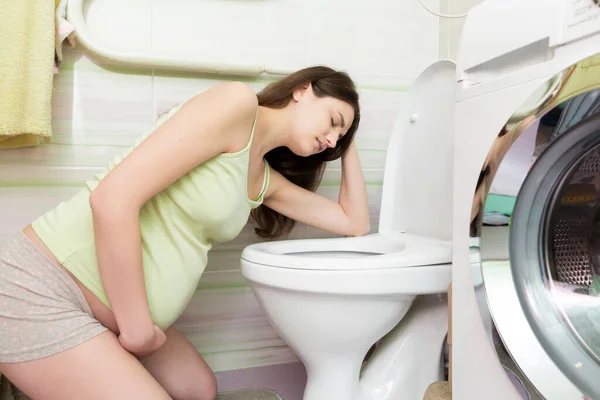 Sick Young Woman Pain Stomach Vomiting Toilet Sitting Floor Home — Stock Photo, Image