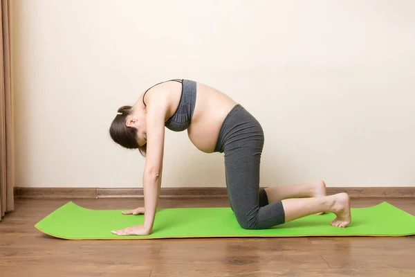 Hermosa Joven Embarazada Sentada Esterilla Postura Yoga Hogar Concepto Yoga — Foto de Stock