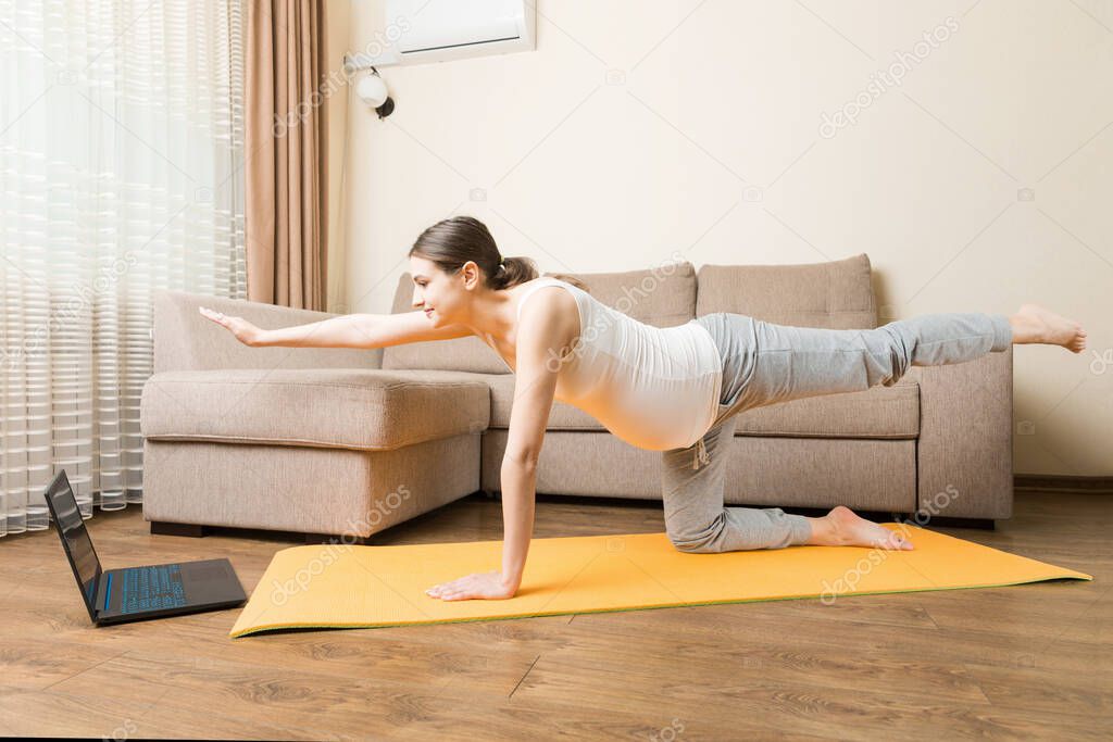Young happy healthy yoga fitness beautiful pregnant woman doing bakasana yoga workout on yoga mat opposite laptop with online master class. lifestyle concept at coronavirus time.