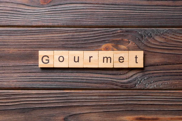 Gourmet Word Written Wood Block Gourmet Text Cement Table Your — Stock Photo, Image