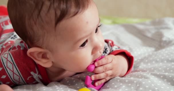 Zuigeling, kindertijd concept - close-up van lachende blije Baby speelt met een bijtring. Tanden knippen. Eerste tanden. Joy tandeloos 7 maanden baby beet, knagen bijtring speelgoed — Stockvideo