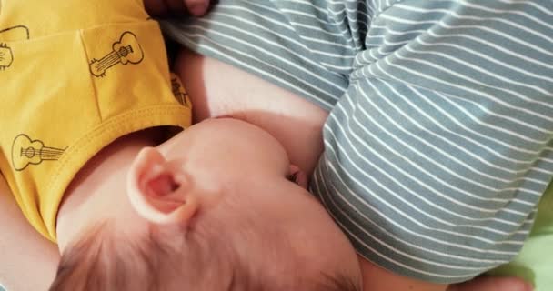 Anne yeni doğmuş bebeğini koltukta emziriyor. Anne sütü bebek için doğal bir ilaçtır. aile, yemek, çocuk, yeme ve ebeveynlik kavramı — Stok video