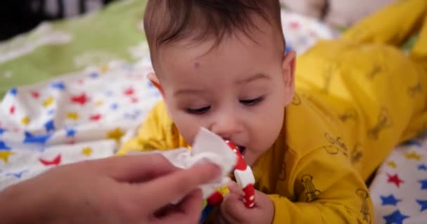 Familjebegreppet. Mamma torkar snor på bebisen. Unga mamma torkar dregel. 4k Upplösning — Stockvideo