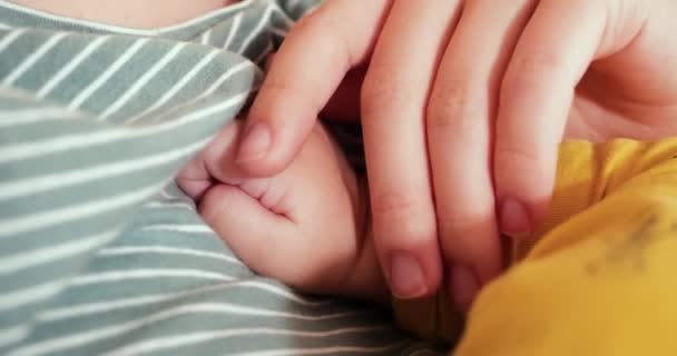 Mãe amamentando seu bebê recém-nascido no sofá. O leite das mães peito é um remédio natural para o bebê. conceito de família, alimentação, criança, alimentação e paternidade — Vídeo de Stock