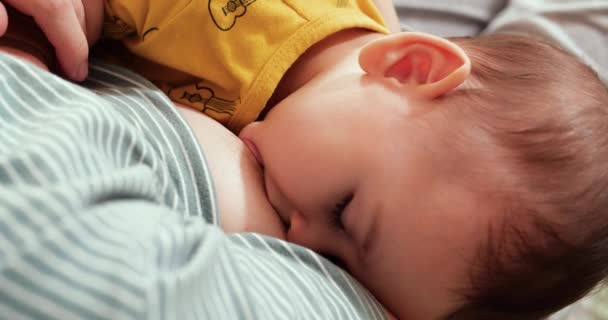 Mama alăptează nou-născutul pe canapea. Laptele de la sânul mamei este un medicament natural pentru copil. familie, mâncare, copil, alimentație și conceptul de părinte — Videoclip de stoc