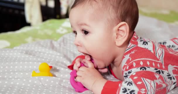 Bebé, concepto de la infancia - primer plano de sonreír feliz Bebé juega con un mordedor. Cortar los dientes. Primeros dientes. Joy mordida de bebé sin dientes de 7 meses, roe el juguete del mordedor — Vídeo de stock