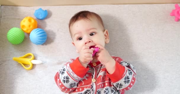 En liten pojke som leker med strumpan. Bit och sug hans tår, tänder skär. De första tänderna. 4K dci — Stockvideo