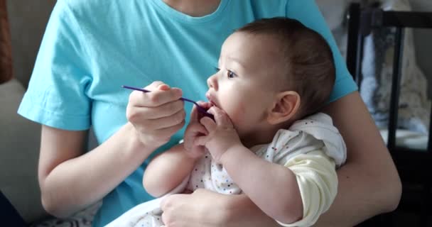 Mamma håller barnet i sina armar och matar sin pojke med en sked. familj, mat, barn, mat och föräldraskap — Stockvideo