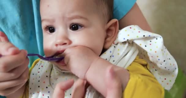Mamma håller barnet i sina armar och matar sin pojke med en sked. familj, mat, barn, mat och föräldraskap — Stockvideo