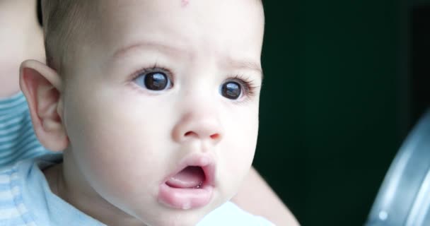 Überraschter Blick eines Neugeborenen, das in die Ferne blickt. Familienwerte. Baby im Arm der Mutter — Stockvideo