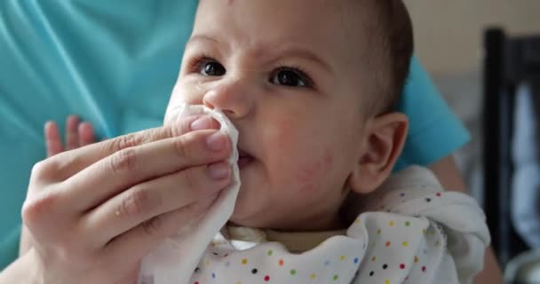 母親は赤ん坊を抱きかかえてスプーンで子供に食べさせる。家族、食べ物、子供、食事、親の概念 — ストック動画