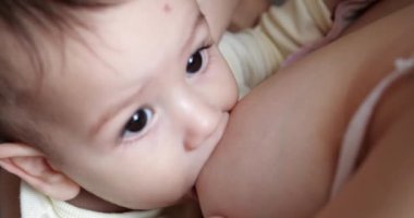 Anne yeni doğmuş bebeğini koltukta emziriyor. Anne sütü bebek için doğal bir ilaçtır. Aile, yemek, çocuk, yeme ve ebeveynlik kavramı. yavaş çekim