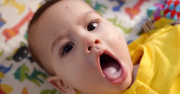 可愛い赤ちゃんの新生児の肖像画カメラを見て笑っている。スローモーション — ストック動画