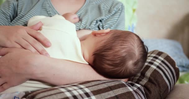 Madre amamantando a su bebé recién nacido en el sofá. La leche materna es una medicina natural para el bebé. familia, comida, niño, alimentación y concepto de paternidad. cámara lenta — Vídeos de Stock