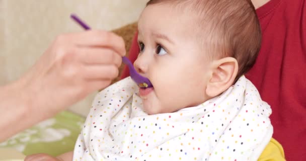 Madre sostiene al bebé en sus brazos y alimenta a su hijo con una cuchara. familia, comida, niño, alimentación y concepto de paternidad — Vídeos de Stock