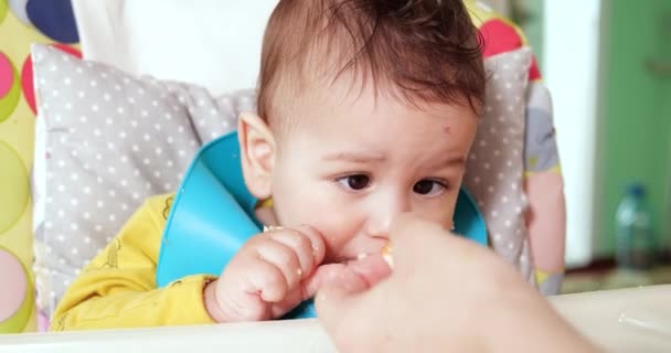 Anne bebeği kollarında tutuyor ve oğlunu kaşıkla besliyor. aile, yemek, çocuk, yeme ve ebeveynlik kavramı — Stok video