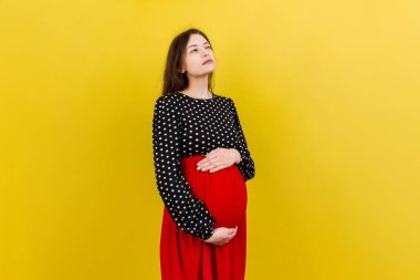 Düşünceli hamile kadın renkli arka planda bebek için isim seçiyor. Hayal Eden ve Mutlu Hamile Kadın Düşünen Annelik Hayatı. Boşluğu Kopyala.