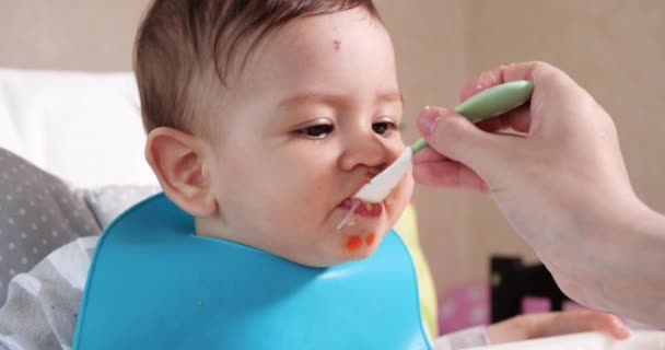 ママは子供にスプーンと手、家族の食べ物と親の概念を与えます。最初の補完的な食品や自食は — ストック動画