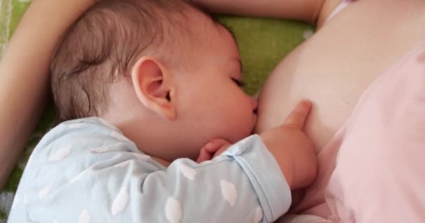 Mother breastfeeding her newborn baby on sofa. Milk from mothers breast is a natural medicine to baby. family, food, child, eating and parenthood concept — Stock Video