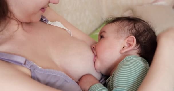 Kvinna som ammar nyfött barn. Barnet äter modersmjölk. Begreppet modersmjölk — Stockvideo