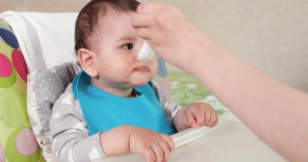 ママは子供にスプーンと手、家族の食べ物と親の概念を与えます。最初の補完的な食品や自食は — ストック動画