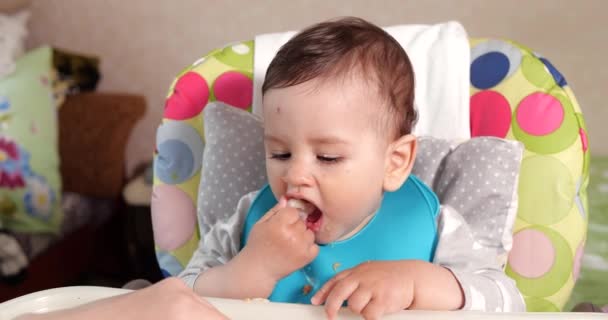 Мама годує хлопчика ложкою і рукою, сімейною їжею та концепцією батьківства. перша додаткова їжа і самого годування — стокове відео