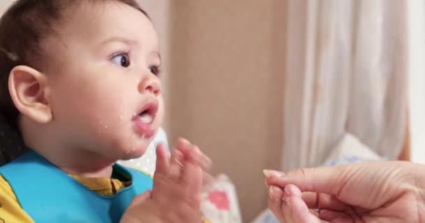 Mamãe alimenta o menino com uma colher e mão, comida familiar e conceito de paternidade. primeiros alimentos complementares e auto-alimentação — Vídeo de Stock