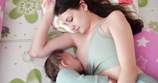 Madre amamantando a su bebé recién nacido en el sofá. La leche materna es una medicina natural para el bebé. familia, comida, niño, alimentación y concepto de paternidad — Vídeo de stock