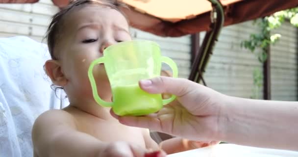 Porträt eines kleinen Jungen, der auf einem Kinderstuhl sitzt. Glückliches Kind trinkt Milch, Kefir oder Milchprodukte aus einer Tasse. Richtige und natürliche Ernährung für Kinder — Stockvideo
