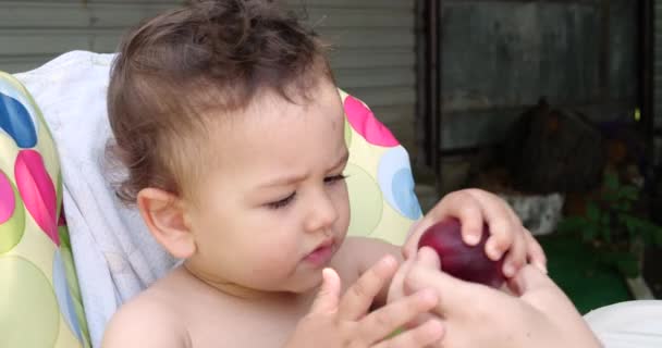 Egy kisgyerek ül egy babaetető széken és barackot eszik nyáron. Gyerekkori koncepció. Közelkép. — Stock videók