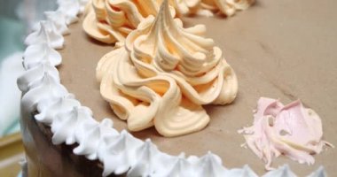 Şekerci kadın pastaya krema döküyor. Pasta poşeti kullanıyor, yakından bakıyor. Pasta şefi ev yapımı kek pişiriyor. Pişirme, pişirme ve pişirme, ev yemeği