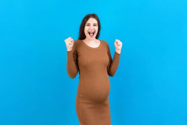 Renkli arka planda genç, güzel, hamile bir kadın kollarını kaldırıp, gözleri açık bir şekilde başarıyı kutluyor. Kazanan konsept.