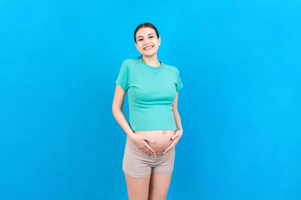 Happy Pregnant Woman Touching Her Abdomen Colored Background Future Mother — Stock Photo, Image