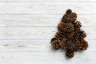 Renkli arka planda doğal konilerden yapılmış Noel ağacı, yukarıdan görünüyor. Kopya alanı ile yeni yıl konsepti.