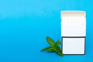 Bir paket mentollü sigara ve renkli masada taze nane şekeri, mentollü sigaralar düz yerde yatıyordu..