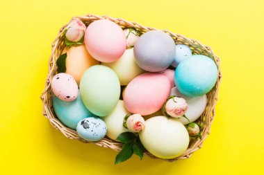 Mutlu Paskalyalar. Renkli masada sarı güllerle birlikte Paskalya yumurtaları. Doğal boyalı renkli yumurtalar arkaplan arkaplan görünümü kopya alanı ile.