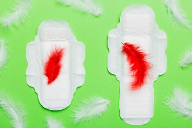 Kan regl döneminde hijyen için büyük bir regl pedi. Regl pedi, kırmızı tüy, hijyen koruması. Tıbbi kadın konsepti kritik günler ve adet görme.