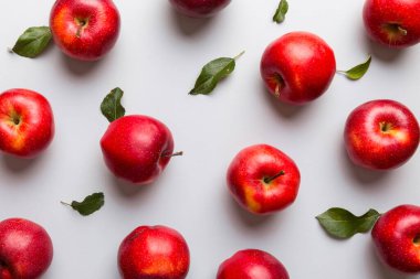 Renkli arka planda bir sürü kırmızı elma, üst manzara. Görüş üzerinde taze elma ile sonbahar deseni.