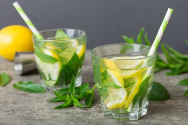 Mojito yaz serinletici buzlu ve naneli kokteyl. Limonlu, limonlu ve naneli mojito kokteyli..