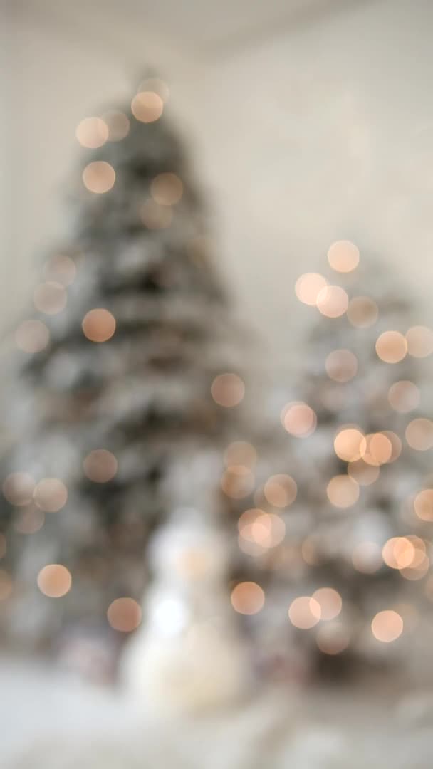 垂直录像用灯光和装饰品分散了圣诞树的焦距 圣诞树的轮廓模糊不清 灯火通明 舒适的圣诞抽象概念 — 图库视频影像