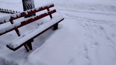Yoğun kar yağışı sonrası tamamen karla kaplı bir parkta iki ahşap bank. Soğuk kış gününde kar yağışı ve karla kaplı iki boş bank..