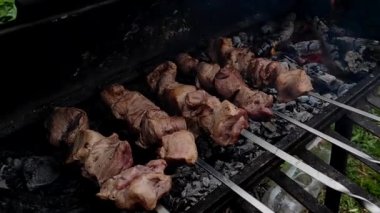 Şişte et. Doğada lezzetli şiş kebap pişirme süreci. BBC 'deki metal şişte lezzetli yemekler. Kazıkta domuz eti. Kömürde kavrulmuş et.