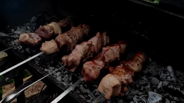 Kött Spett Närbild Process Matlagning Smaskiga Shashlik Naturen Utsökt Mat — Stockvideo