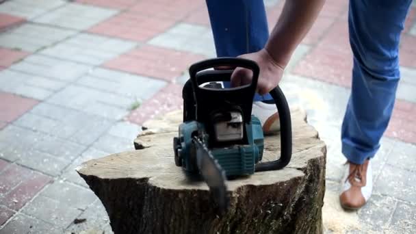Chainsaw Launch Starter Lumberjack Pulls Starter Launch Chainsaw Engine Unrecognizable — Stock Video