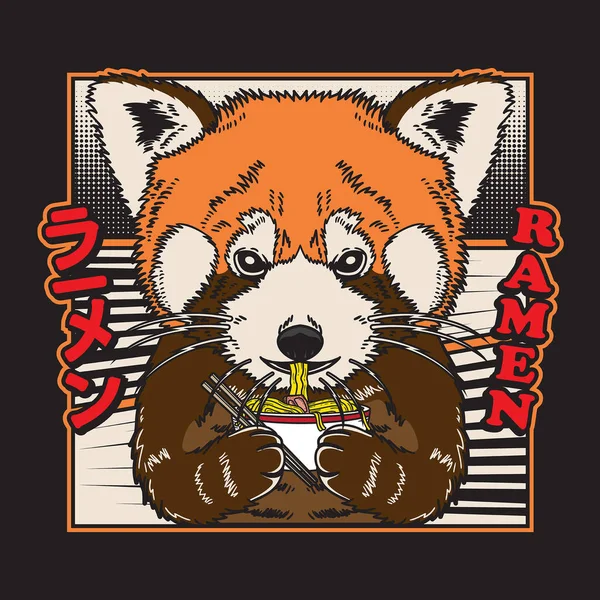 Lindo Panda Rojo Comer Japonés Ramen Fideos Ilustración Estilo Cómico — Vector de stock