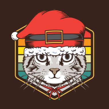 Retro Vintage Sunset Cat poster, broşür, tebrik kartı, çıkartma, sosyal medya ve tişört tasarımı için uygun Santa Hat İllüstrasyonunu kullan
