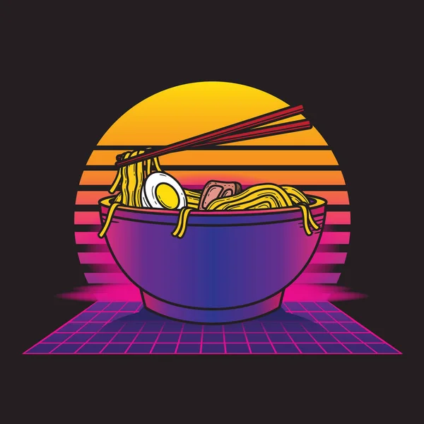 Vintage Retrowave Ramen Food Illustration Stil Geeignet Für Poster Flyer — Stockvektor